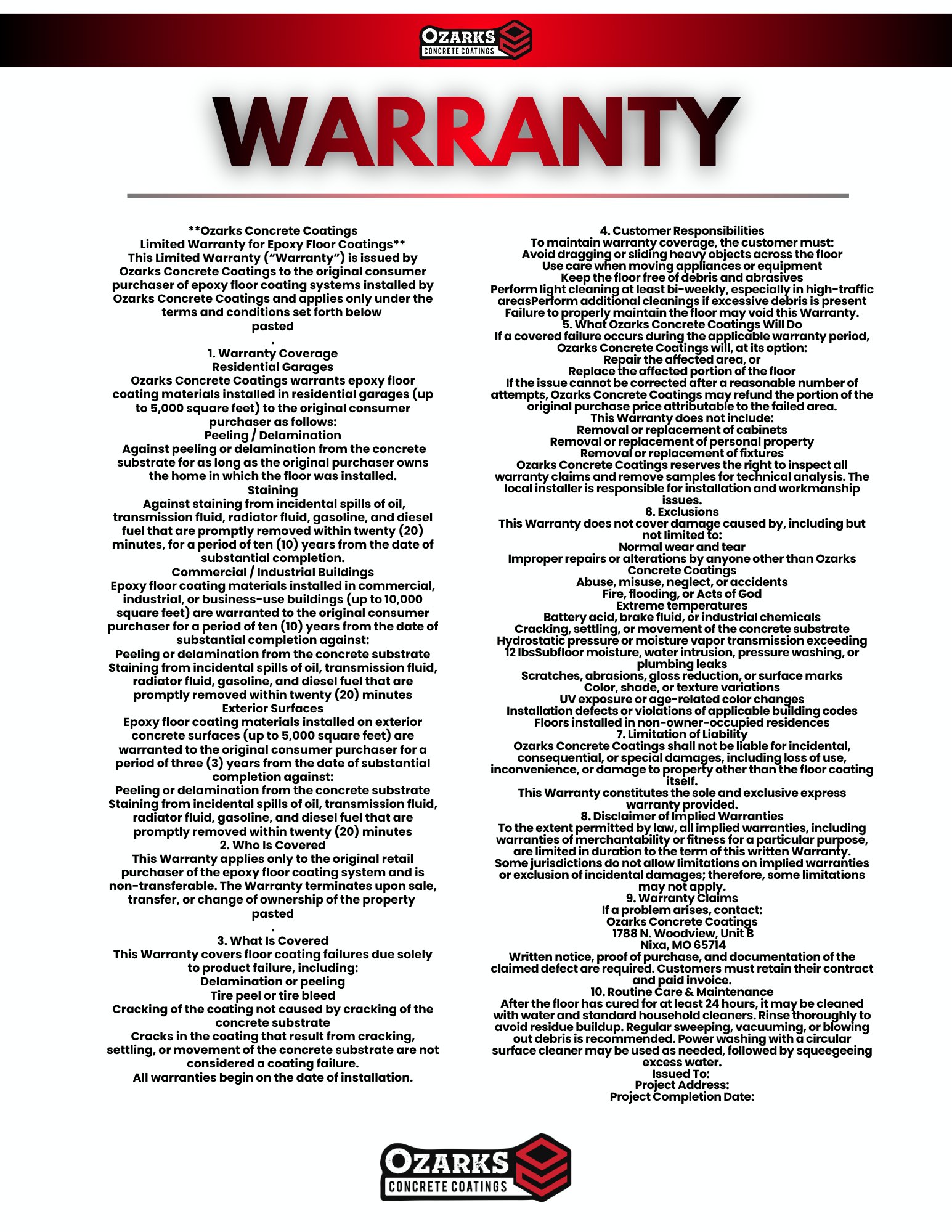 Ozarks Concrete Coatings Limited Warranty Document