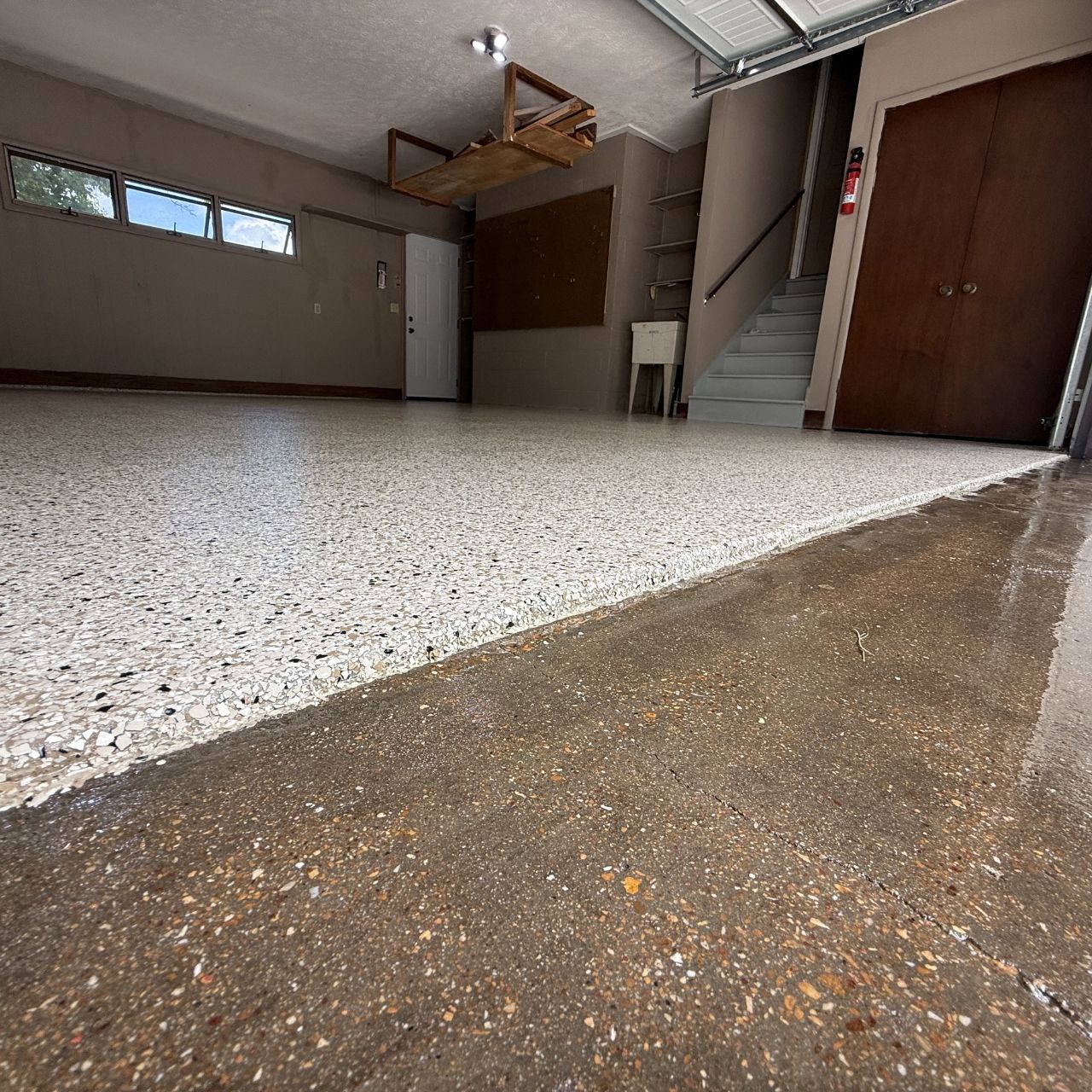 Full flake epoxy garage floor before and after Springfield MO