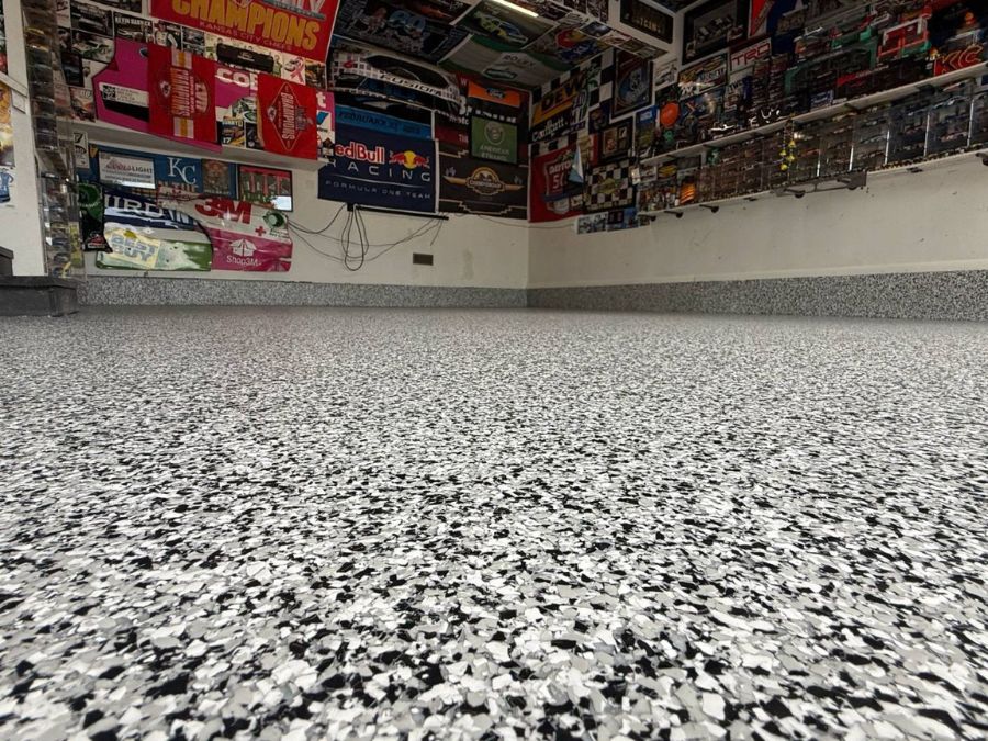 Residential garage floor coating Springfield MO — full flake polyaspartic Ozarks Concrete Coatings
