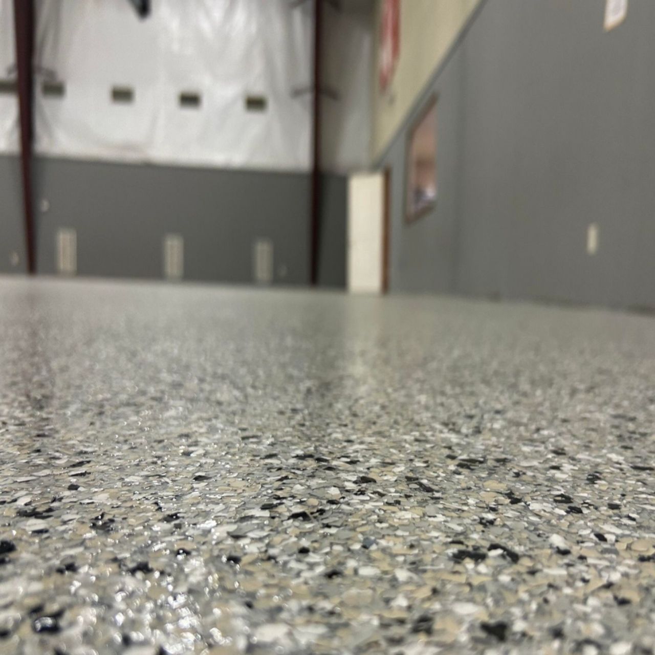 School hallway flake floor closeup Southwest Missouri